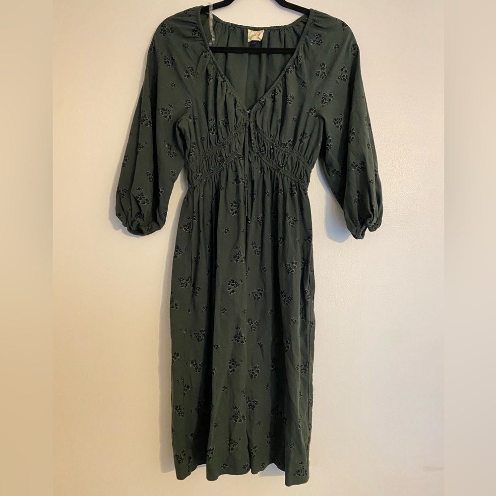 Linen Blend Forest Green Floral Long Sleeve Dress